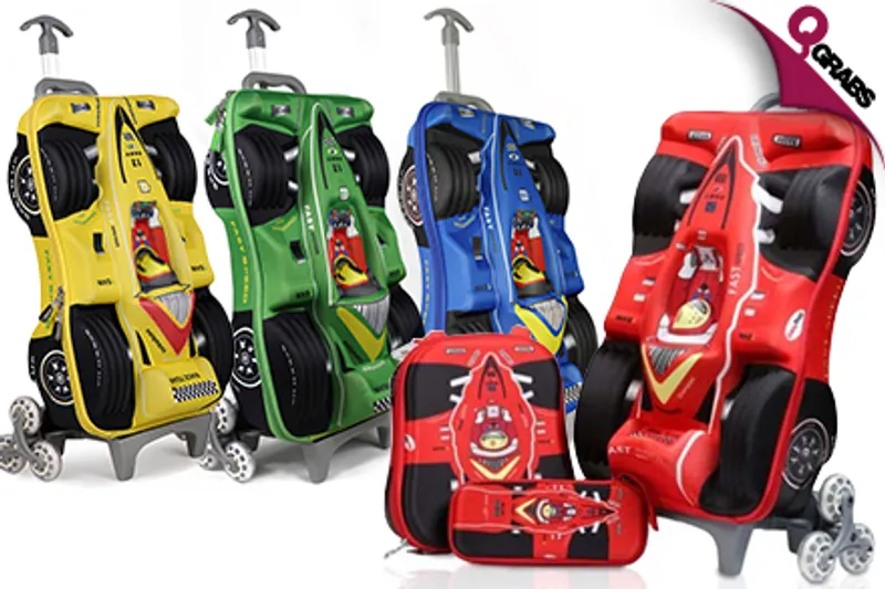 From QR149 Get the Whole Package with a 3D Race Car School Bag Set - Comes with Trolley Bag, Lunch Bag & Pencil Case! (Up to QR249 Value)